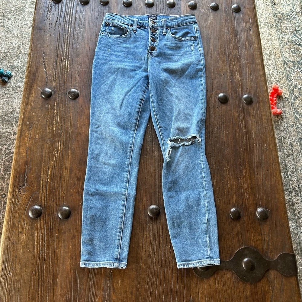 J. Crew Medium Blue Ripped High-rise Skinny Jeans